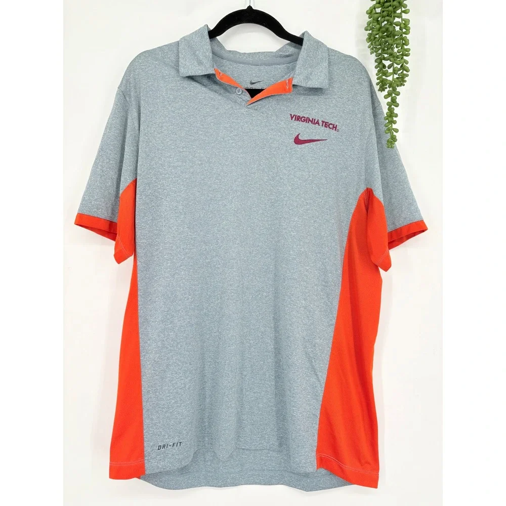 Nike Virginia Tech DriFIT Polo Shirt L Breathable Athletic Gray Orange VT Hokies